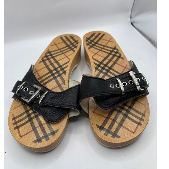 Burberry Leather Buckle Nova Check Clog Slides Womens Size 38 Brown Wooden Sole